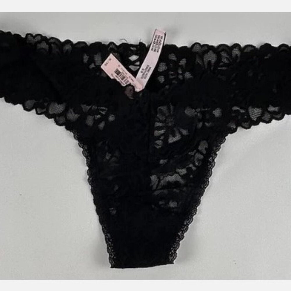 NWT Victorias Secret Black Lace Thong Panties Sz XL Gusset Back